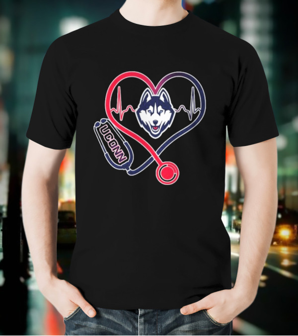UConn Huskies Heartbeat Stethoscope Nurse Care T-Shirt