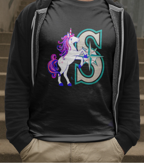 Unicorn Seattle Mariners Baseball Emblem With Compass And Stars T-Shirt