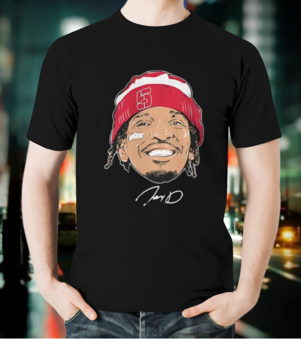 Washington Commanders Jayden Daniels Signature Face Bandage Number 5 Beanie T-Shirt