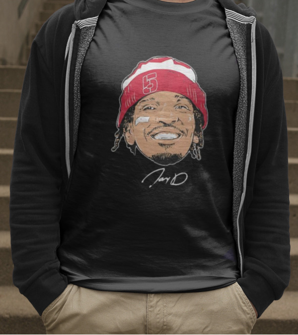 Washington Commanders Jayden Daniels Signature Face Bandage Number 5 Beanie T-Shirt