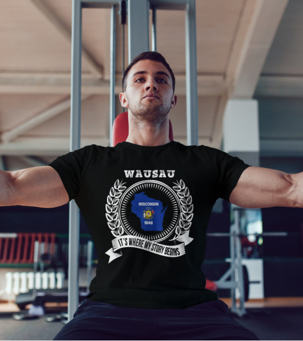 WAUSAU Wisconsin 1848 State Outline Emblem T-Shirt