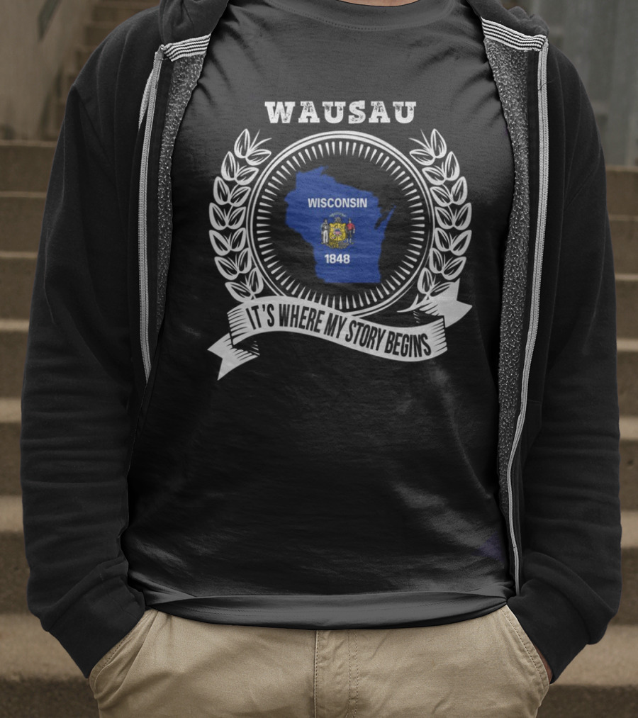 WAUSAU Wisconsin 1848 State Outline Emblem T-Shirt