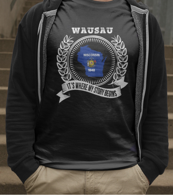 WAUSAU Wisconsin 1848 State Outline Emblem T-Shirt