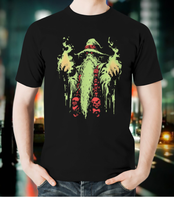 Wizard Of Doom Psychedelic Wizardry With Glowing Aura And Skull Elements T-Shirt