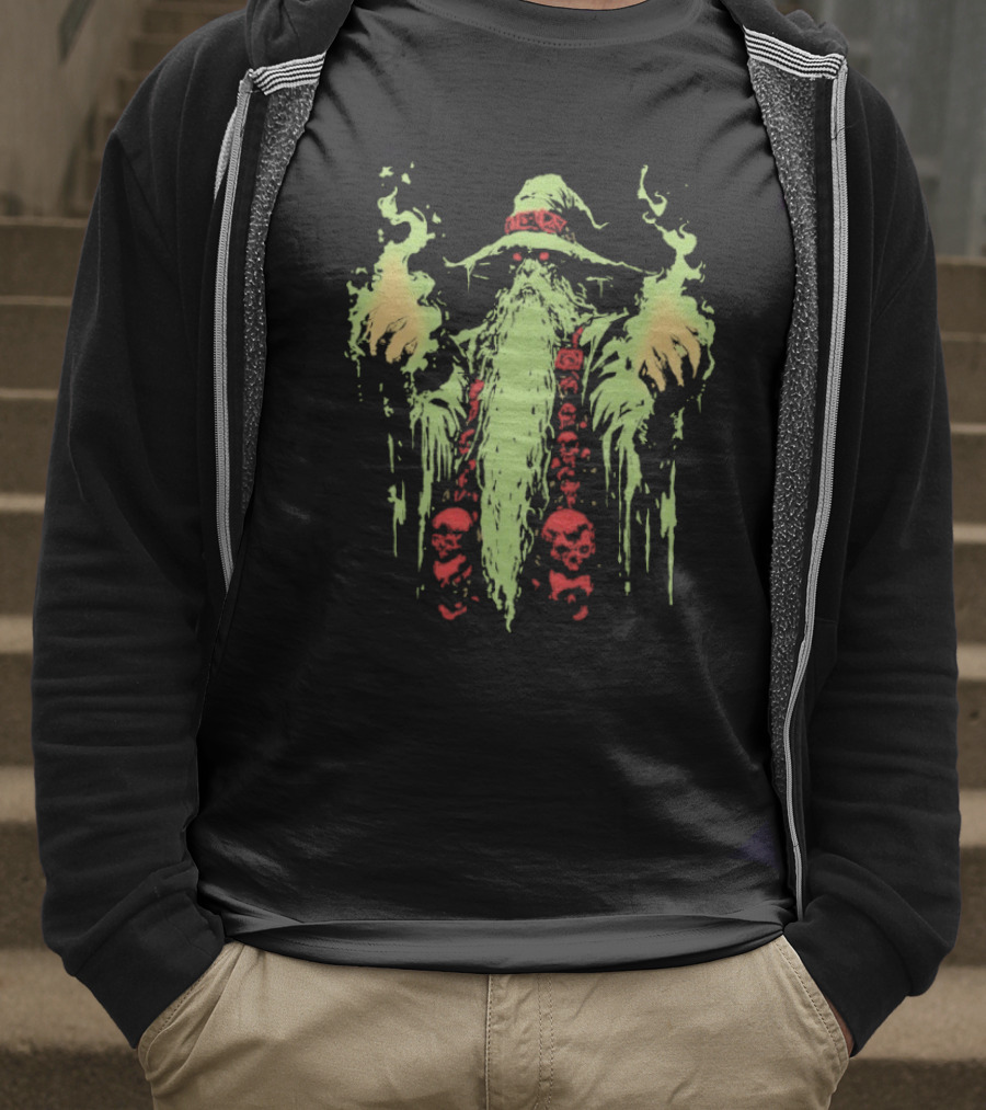 Wizard Of Doom Psychedelic Wizardry With Glowing Aura And Skull Elements T-Shirt