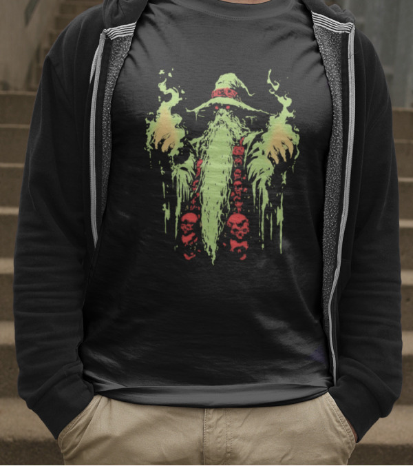 Wizard Of Doom Psychedelic Wizardry With Glowing Aura And Skull Elements T-Shirt