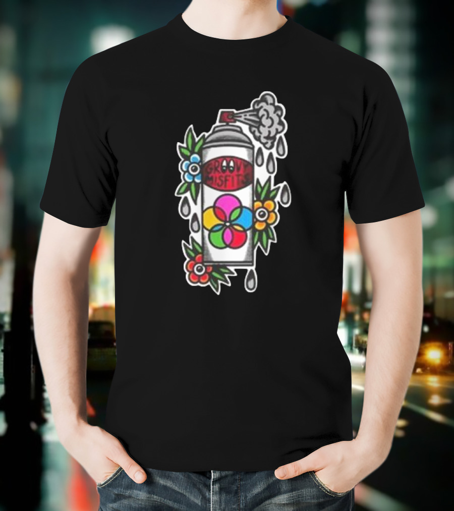 Tan Clemons Groovy Misfits Rattle Can Flower Power Design T-Shirt