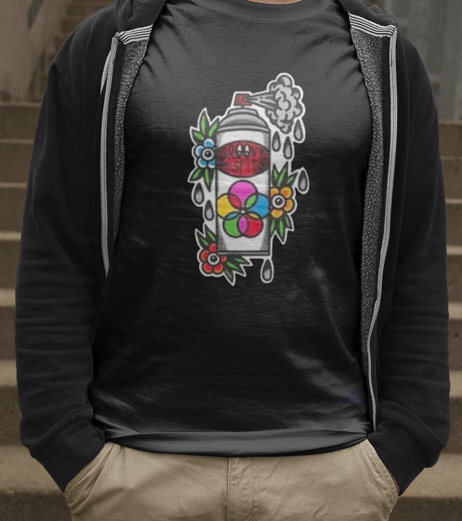 Tan Clemons Groovy Misfits Rattle Can Flower Power Design T-Shirt