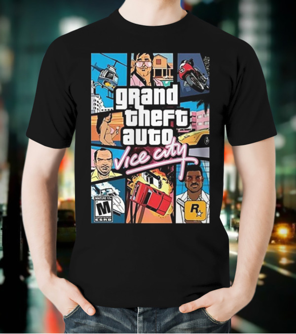 Grand Theft Auto Vice City Game Cover Art Helicopter Motorcycle Car Explosion R Star Logo T-Shirt