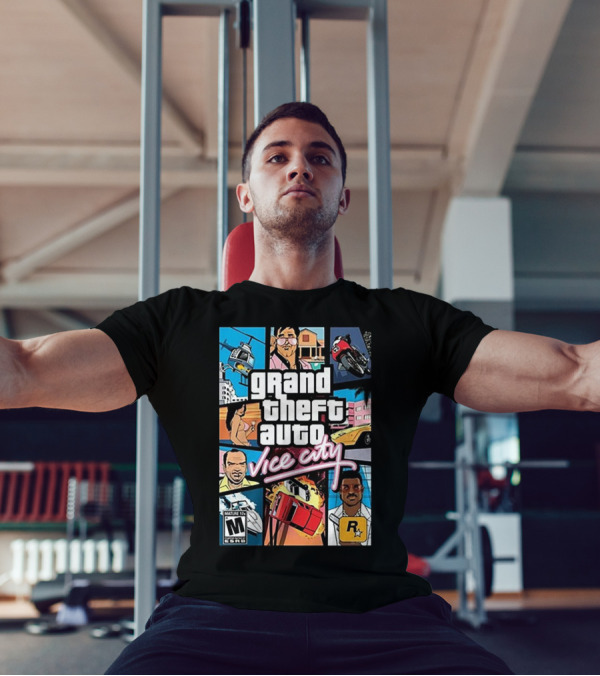Grand Theft Auto Vice City Game Cover Art Helicopter Motorcycle Car Explosion R Star Logo T-Shirt