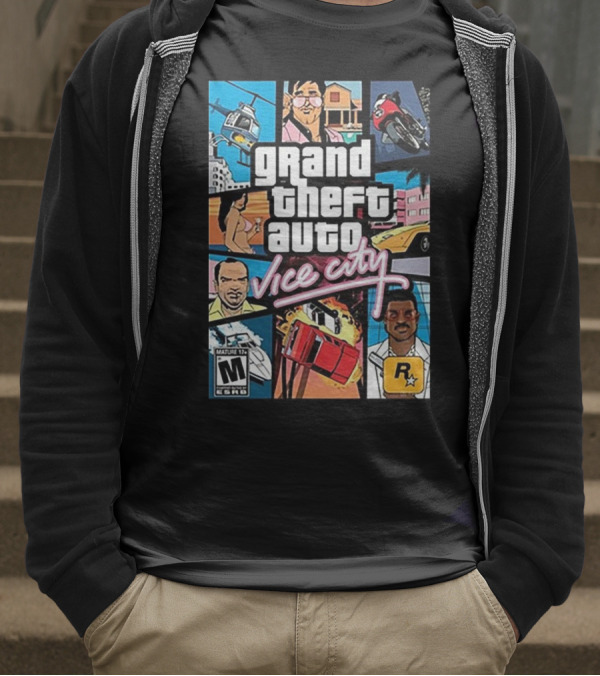 Grand Theft Auto Vice City Game Cover Art Helicopter Motorcycle Car Explosion R Star Logo T-Shirt