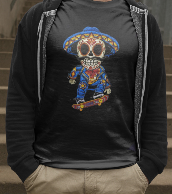 Mariachi Skull Skateboarding In Colorful Traditional Outfit T-Shirt
