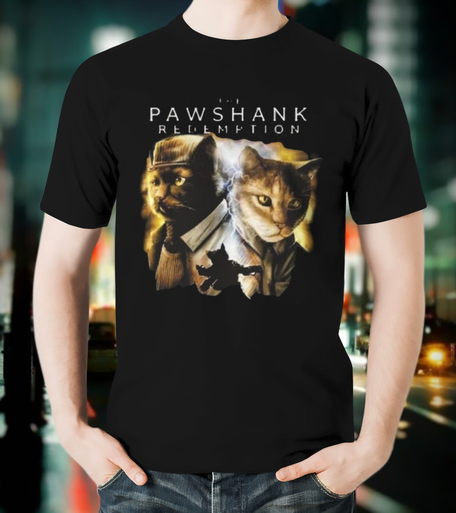 Pawshank Redemption Cat Movie Parody With Lightning And Cats In Prison Uniforms T-Shirt