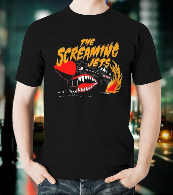 The Screaming Jets Flaming Jet With Fiery Cartoon Jet Fighter T-Shirt