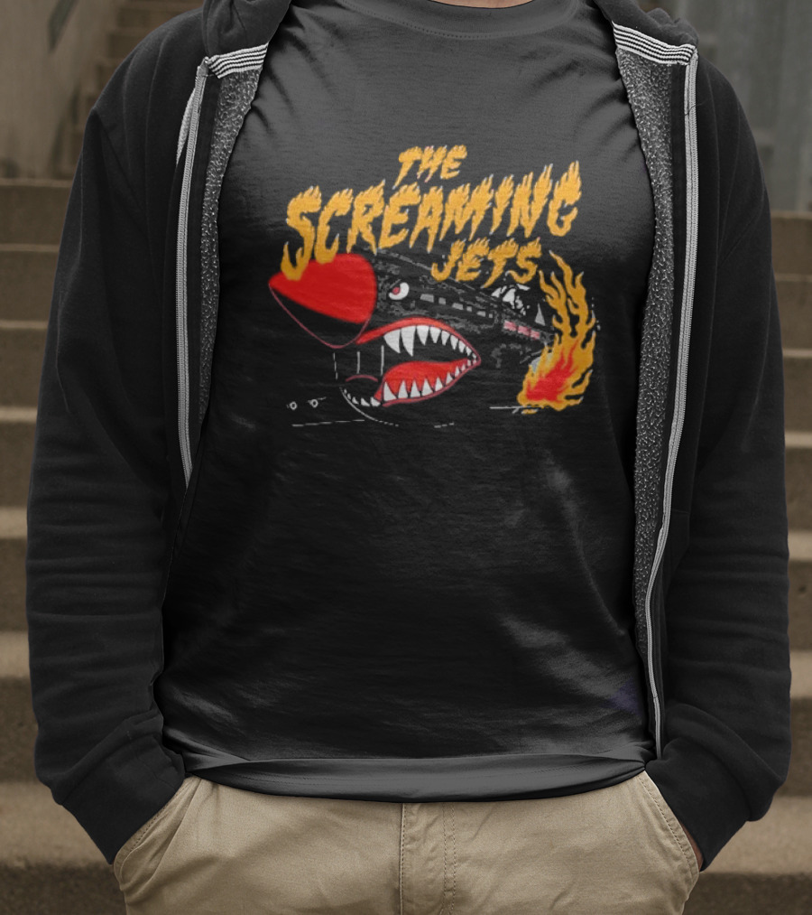 The Screaming Jets Flaming Jet With Fiery Cartoon Jet Fighter T-Shirt