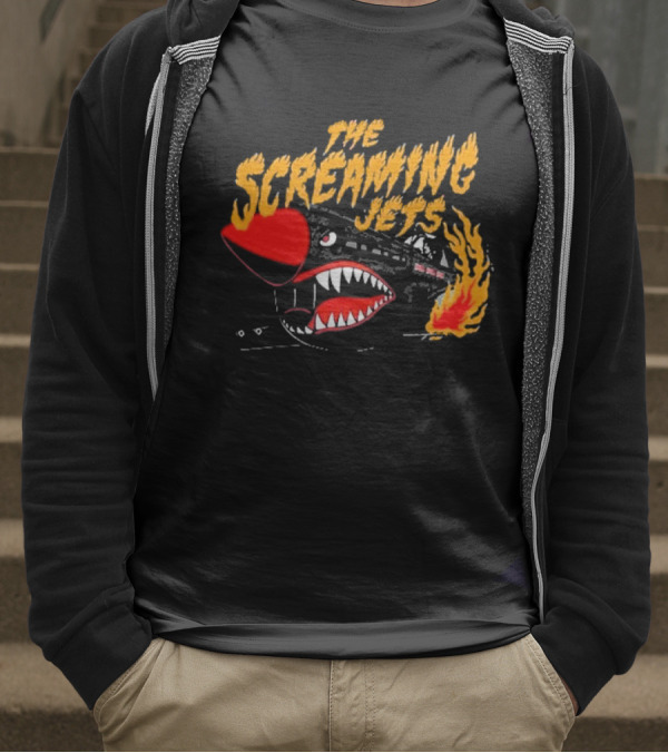 The Screaming Jets Flaming Jet With Fiery Cartoon Jet Fighter T-Shirt