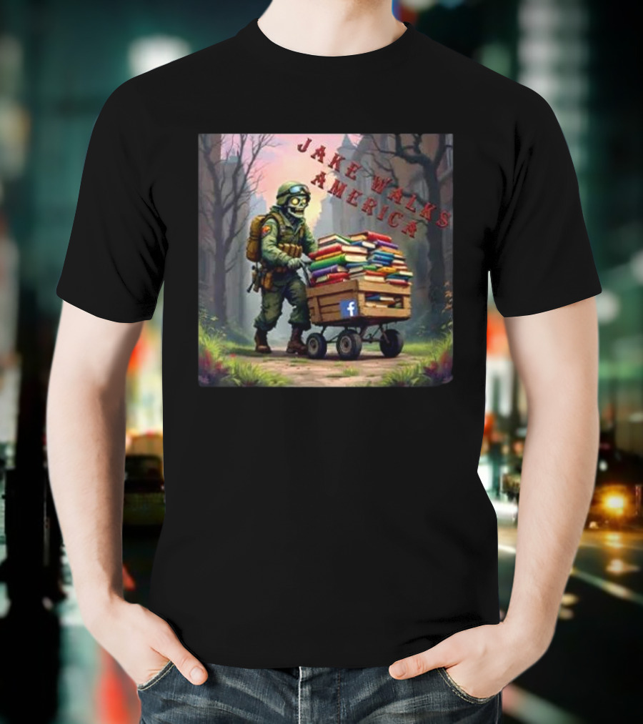 Zombie Soldier Pushing Book Cart Jake Walks America T-Shirt