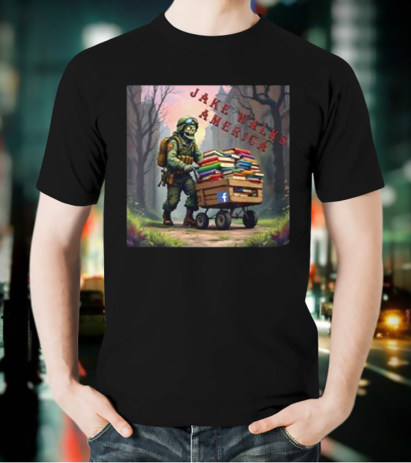 Zombie Soldier Pushing Book Cart Jake Walks America T-Shirt