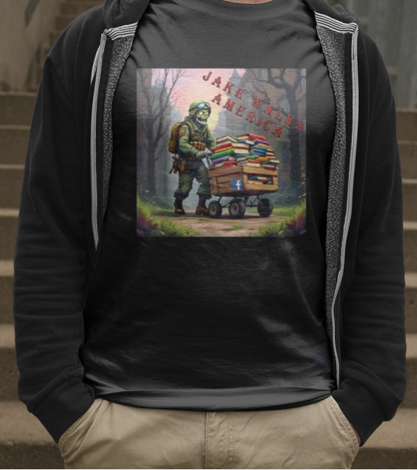 Zombie Soldier Pushing Book Cart Jake Walks America T-Shirt