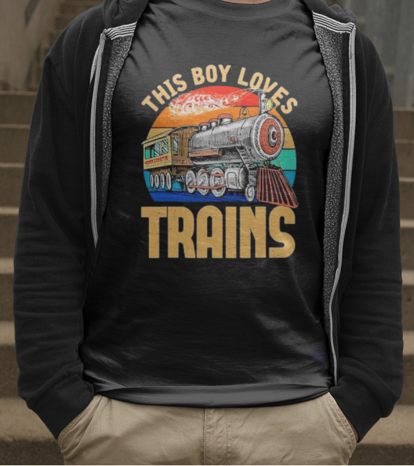 This Boy Loves Trains Vintage Steam Locomotive Railroad Enthusiast T-Shirt