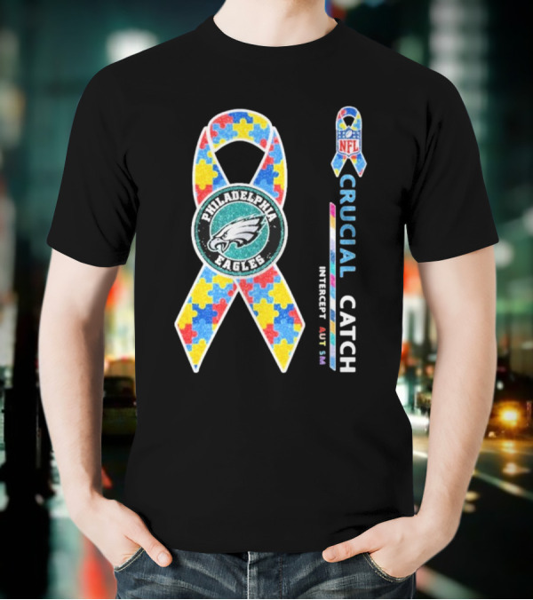 Philadelphia Eagles Autism Awareness Crucial Catch NFL Puzzle Ribbon T-Shirt