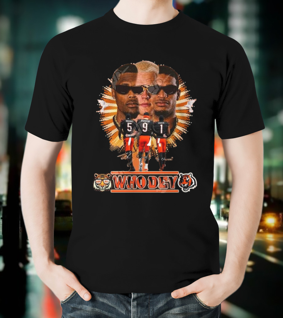 Who Dey Cincinnati Bengals 2025 Signatures Higgins Burrow Chase T-Shirt