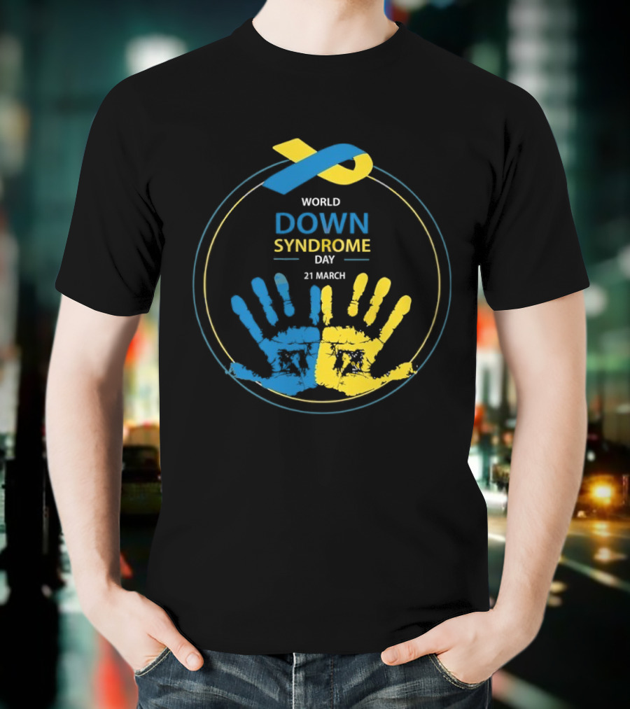 World Down Syndrome Day 21 March Blue Yellow Handprint Ribbon T-Shirt