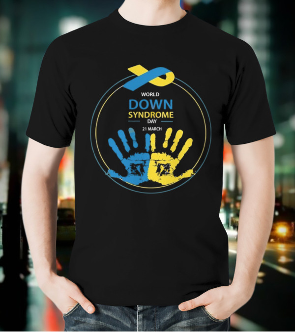 World Down Syndrome Day 21 March Blue Yellow Handprint Ribbon T-Shirt