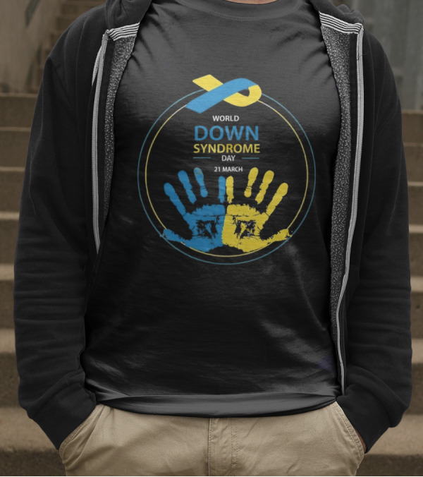 World Down Syndrome Day 21 March Blue Yellow Handprint Ribbon T-Shirt