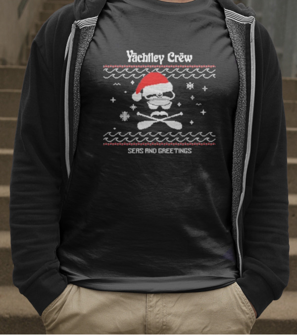 Yachtley Crew Santa Hat Skull Crossbones Seas And Greetings T-Shirt