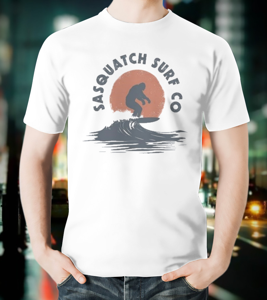Sasquatch Surf Co Blurry Creatures Surfing Bigfoot Wave Sunset T-Shirt