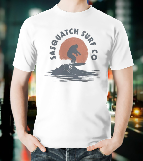 Sasquatch Surf Co Blurry Creatures Surfing Bigfoot Wave Sunset T-Shirt