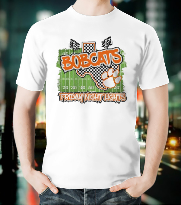 Bobcats Friday Night Lights Texas Football Paw Print Field Checkerboard T-Shirt