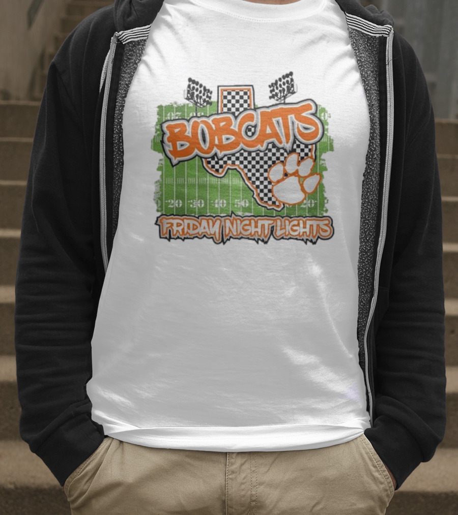 Bobcats Friday Night Lights Texas Football Paw Print Field Checkerboard T-Shirt