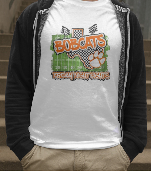 Bobcats Friday Night Lights Texas Football Paw Print Field Checkerboard T-Shirt