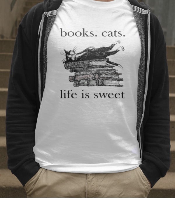Books Cats Life Is Sweet Relaxing Cat On Stacked Books With Coffee Cup T-Shirt