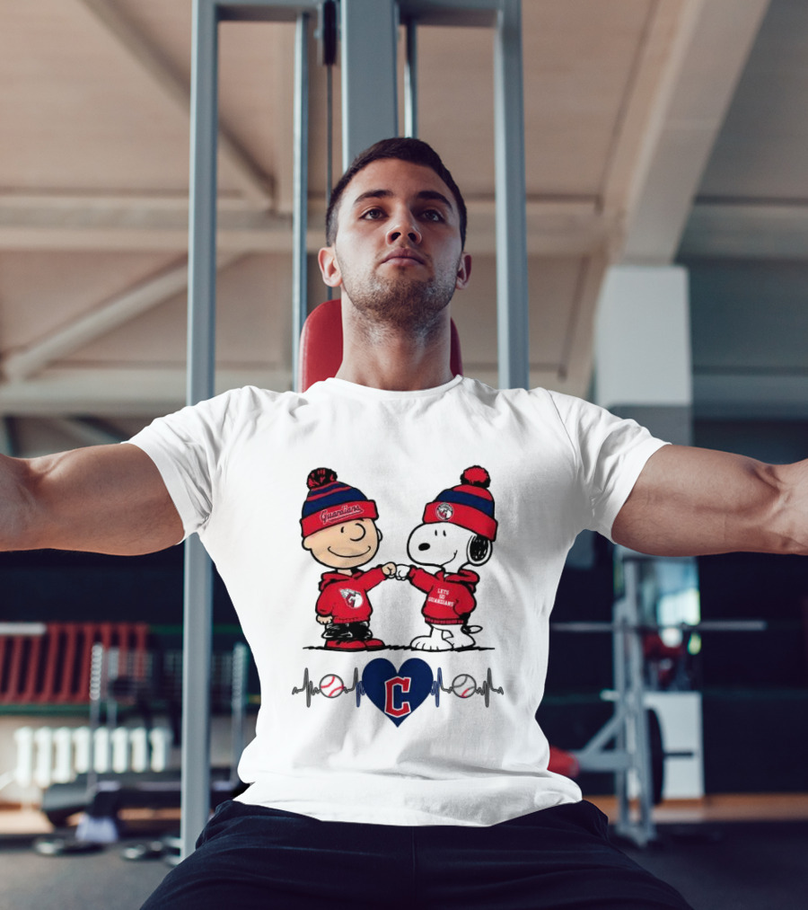 Charlie Brown Snoopy Cleveland Guardians Heartbeat Guardians Cap And T-Shirt
