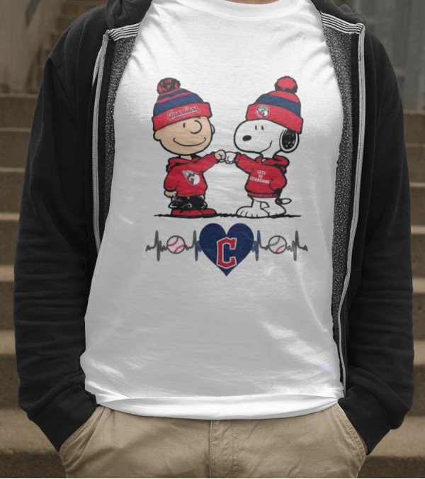 Charlie Brown Snoopy Cleveland Guardians Heartbeat Guardians Cap And T-Shirt