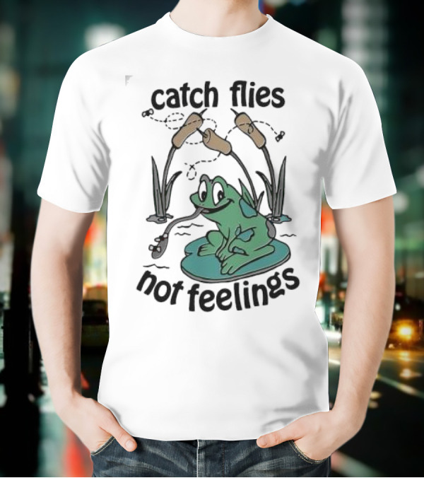 Catch Flies Not Feelings Frog On Lily Pad With Swirling Flies T-Shirt