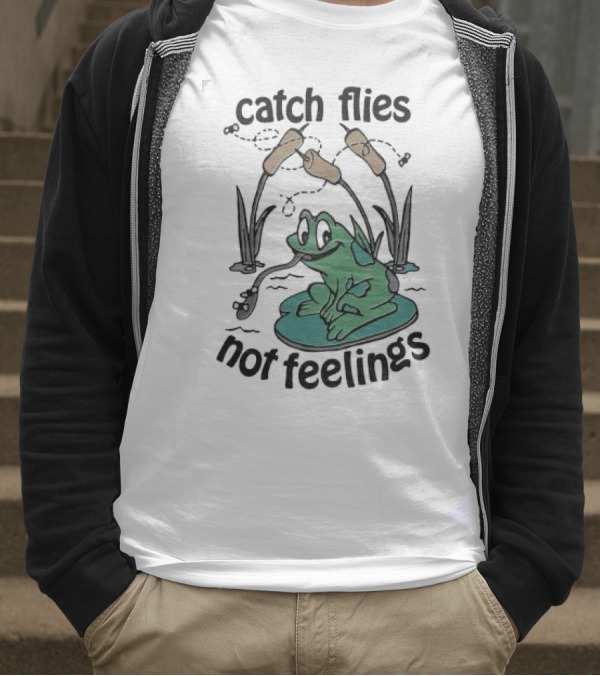 Catch Flies Not Feelings Frog On Lily Pad With Swirling Flies T-Shirt