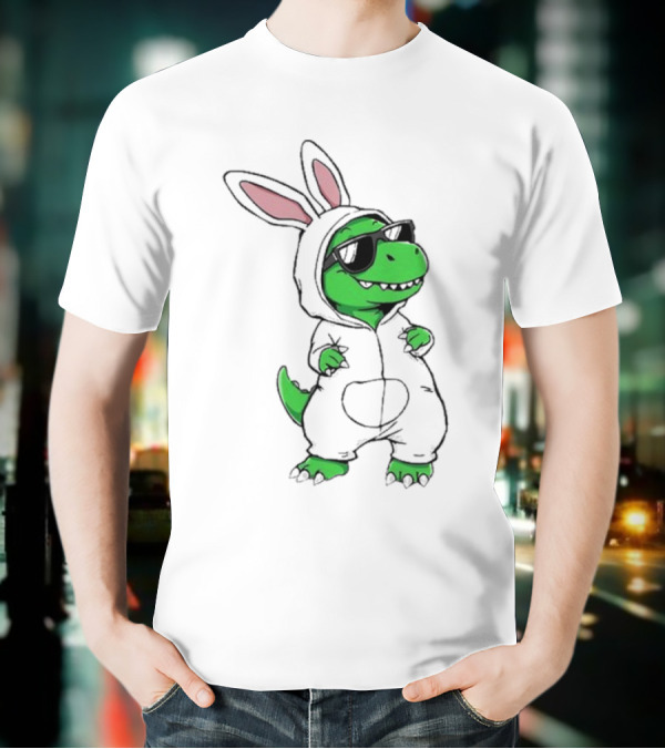 Cool Dino Wearing Easter Bunny Rabbit Costume With Sunglasses T-Shirt