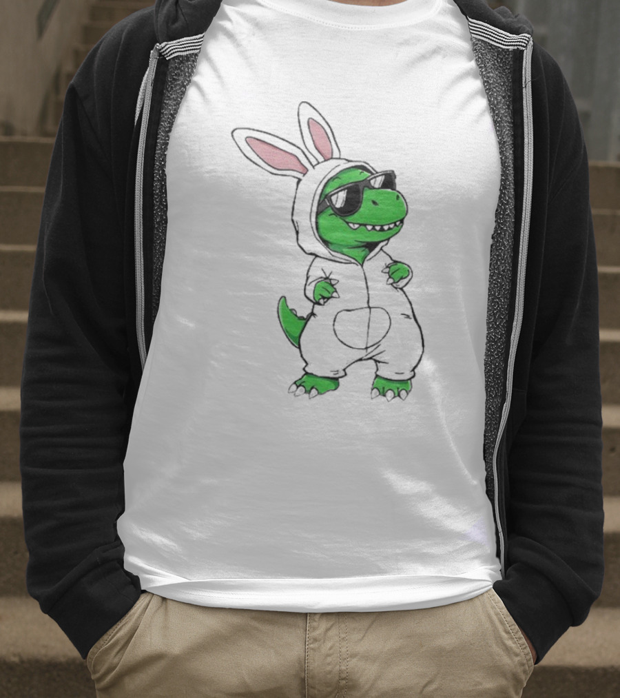 Cool Dino Wearing Easter Bunny Rabbit Costume With Sunglasses T-Shirt