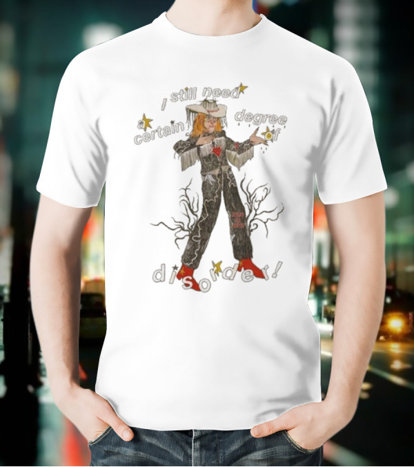 Cowboy Hayley I Still Need A Certain Degree Of Disorder Star Motif Western Outfit White Cowboy Hat Fringe Red Boots T-Shirt