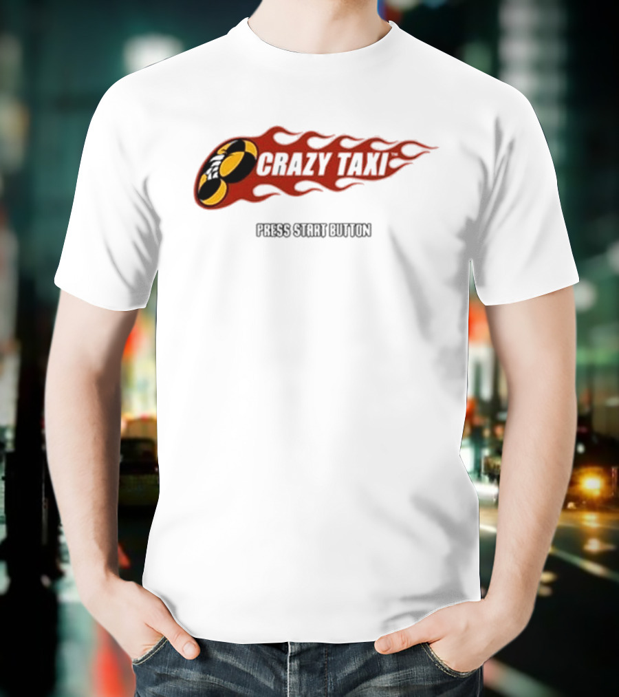 Crazy Taxi Press Start Button Iconic Video Game Flames Graphic T-Shirt