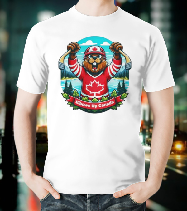 Elbows Up Canada Beaver Mascot Hockey Celebration Canadian Maple Leaf Forest T-Shirt