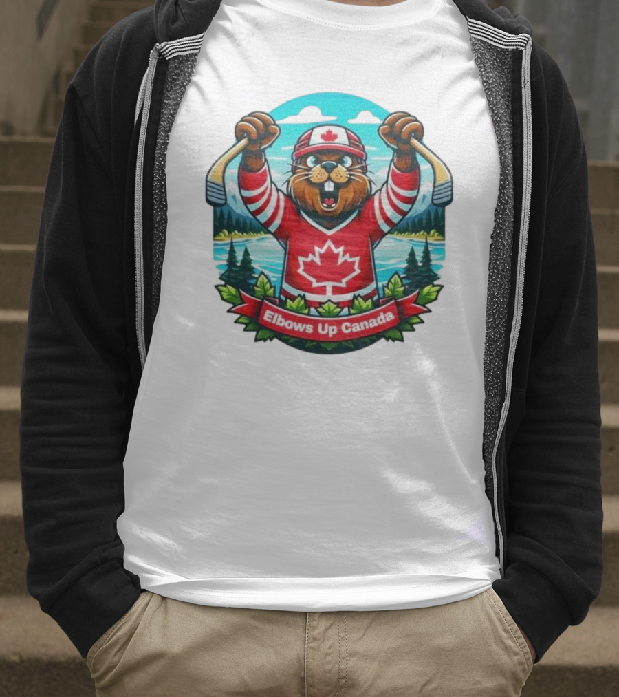 Elbows Up Canada Beaver Mascot Hockey Celebration Canadian Maple Leaf Forest T-Shirt