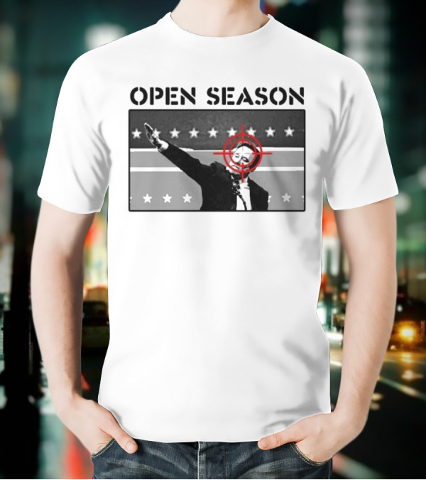 Unrecognizable Figure With Target Overlay Open Season Text T-Shirt