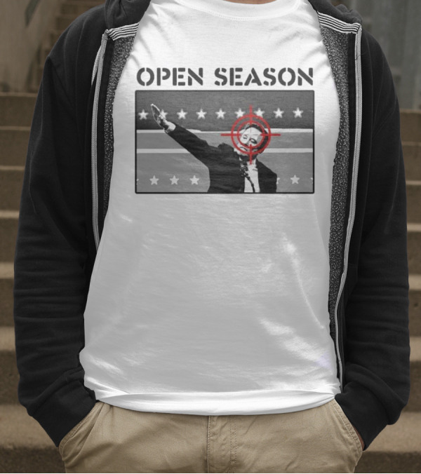 Unrecognizable Figure With Target Overlay Open Season Text T-Shirt
