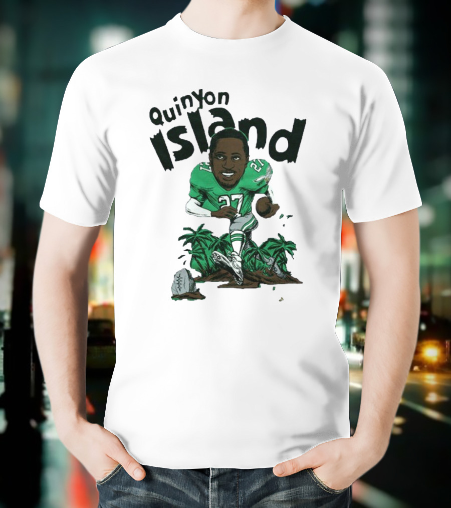 Quinyon Island Eagle 27 Football Player Running With Palm Trees And Rocks T-Shirt