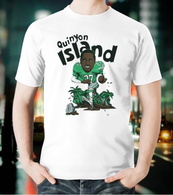 Quinyon Island Eagle 27 Football Player Running With Palm Trees And Rocks T-Shirt